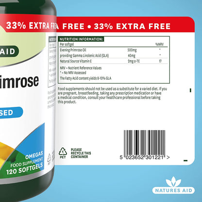 Omega 6 Evening Primrose Oil 500mg 120 Softgels - Natures Aid - Vitamins & Supplements - Eco Natural Products