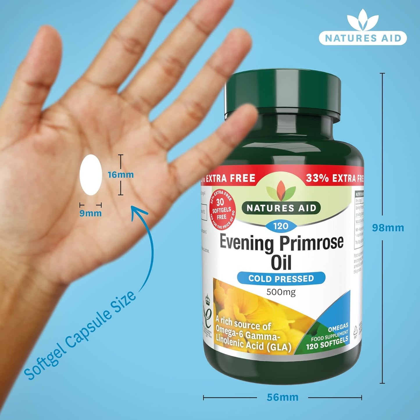 Omega 6 Evening Primrose Oil 500mg 120 Softgels - Natures Aid - Vitamins & Supplements - Eco Natural Products