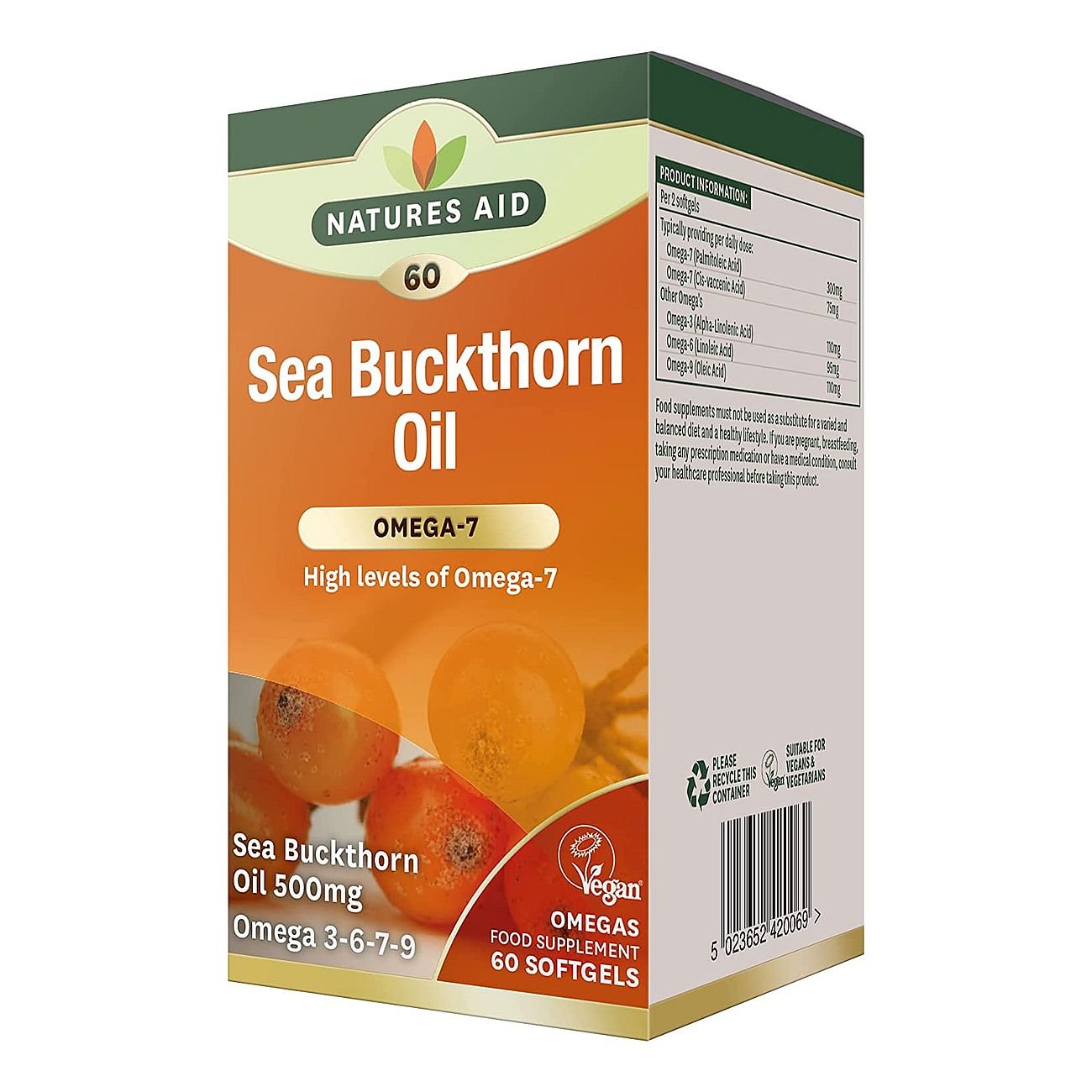 Omega - 7 Sea Buckthorn Oil 500mg 60 Softgels - Eco Natural Products - Natures Aid - Vitamins & Supplements