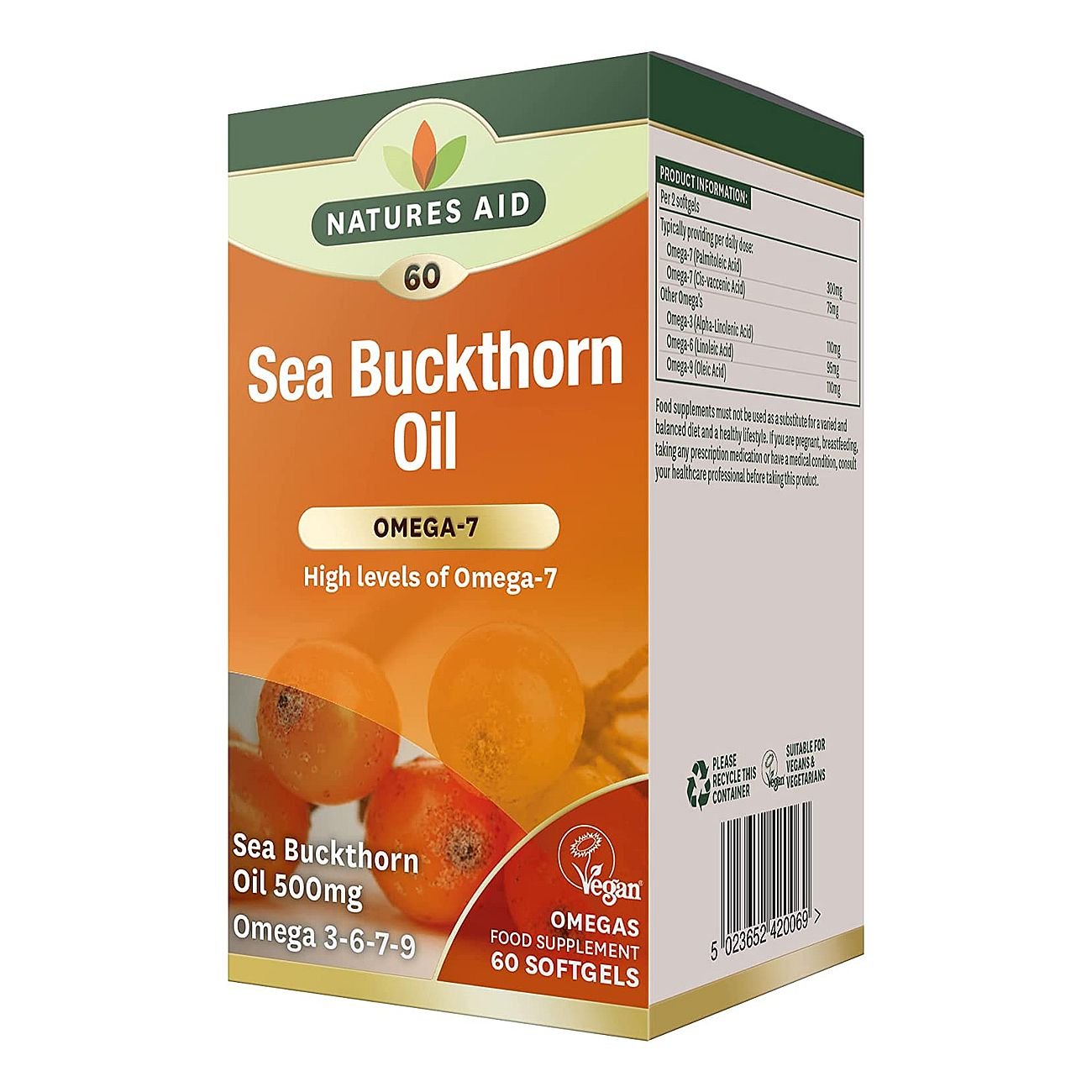 Omega - 7 Sea Buckthorn Oil 500mg 60 Softgels - Natures Aid - Vitamins & Supplements - Eco Natural Products