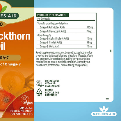 Omega - 7 Sea Buckthorn Oil 500mg 60 Softgels - Natures Aid - Vitamins & Supplements - Eco Natural Products