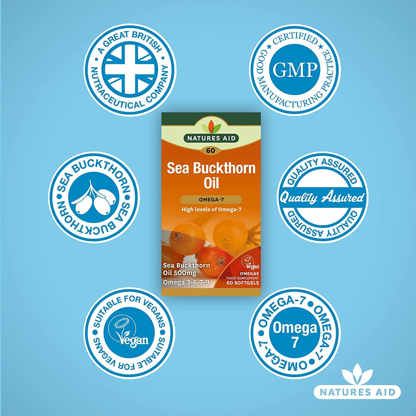 Omega - 7 Sea Buckthorn Oil 500mg 60 Softgels - Natures Aid - Vitamins & Supplements - Eco Natural Products