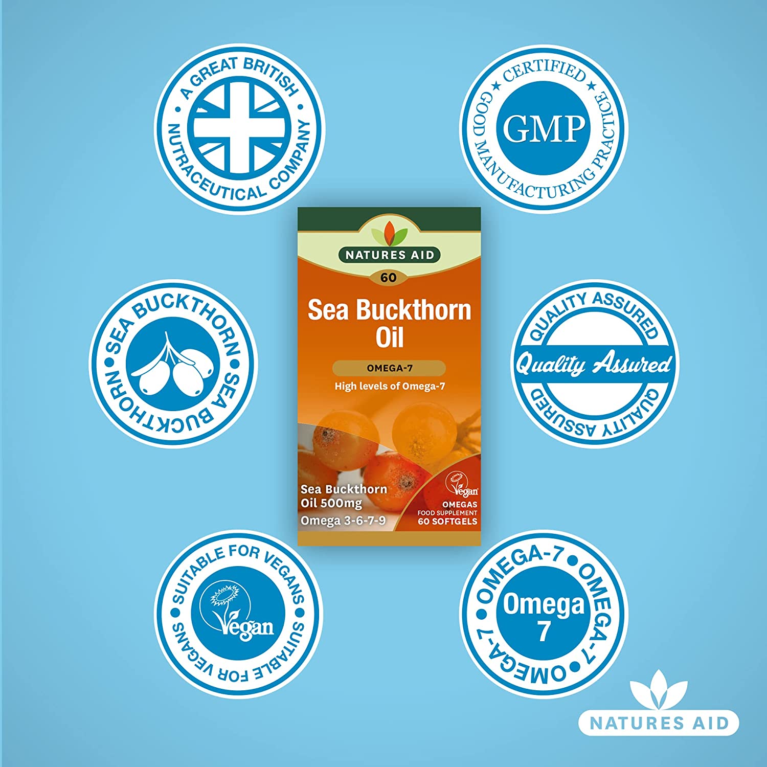 Omega - 7 Sea Buckthorn Oil 500mg 60 Softgels - Natures Aid - Vitamins & Supplements - Eco Natural Products