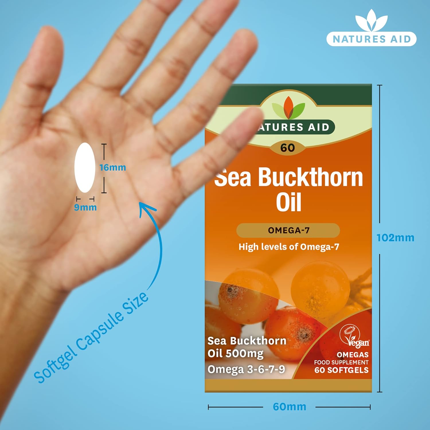 Omega - 7 Sea Buckthorn Oil 500mg 60 Softgels - Natures Aid - Vitamins & Supplements - Eco Natural Products