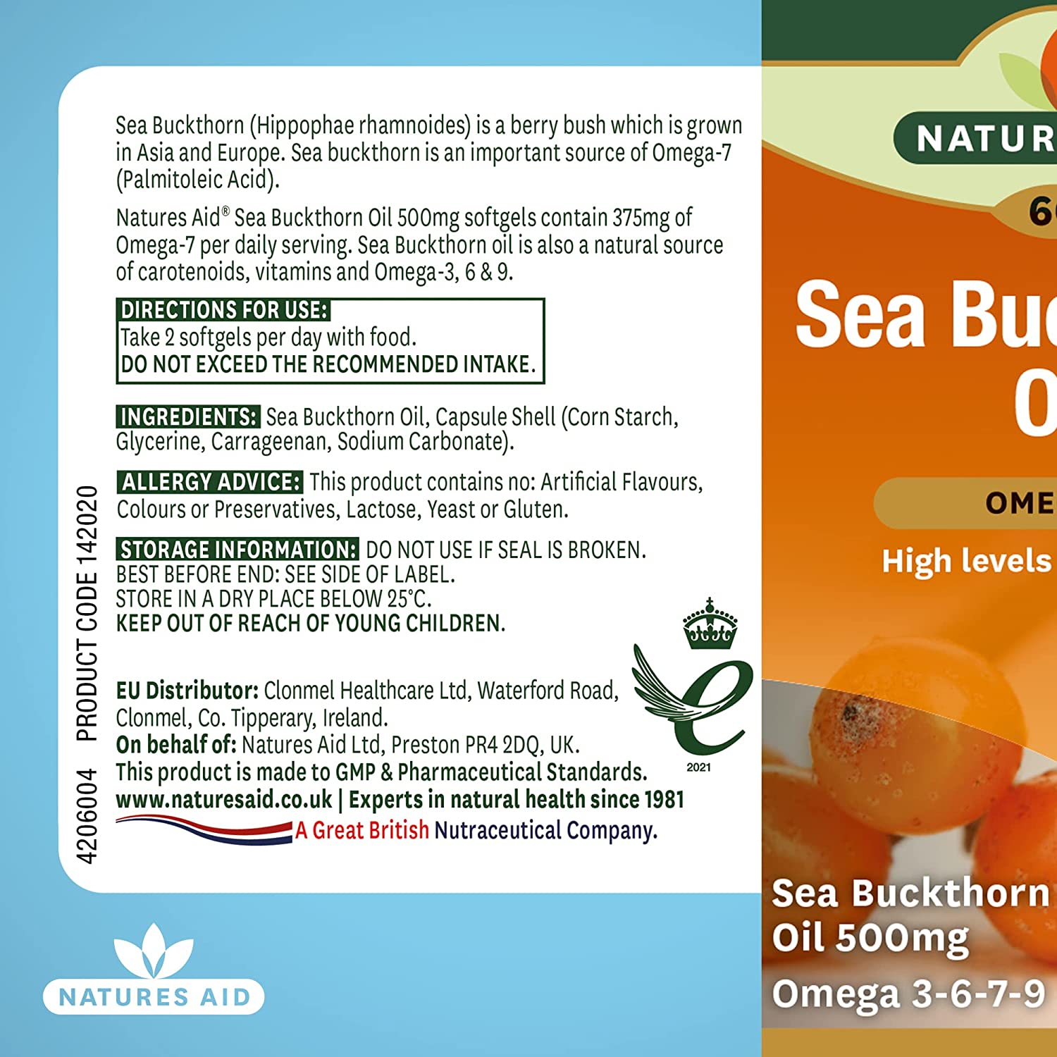 Omega - 7 Sea Buckthorn Oil 500mg 60 Softgels - Natures Aid - Vitamins & Supplements - Eco Natural Products