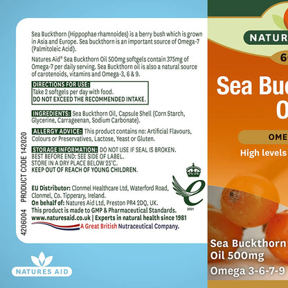 Omega - 7 Sea Buckthorn Oil 500mg 60 Softgels - Natures Aid - Vitamins & Supplements - Eco Natural Products