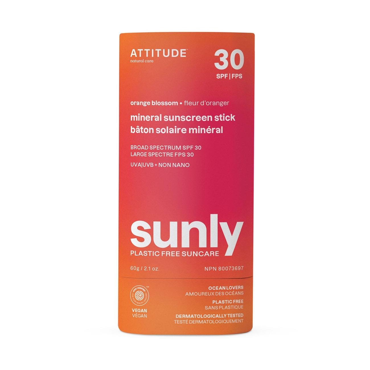 Attitude Sunly Orange Blossom SPF 30 Mineral Sunscreen Stick in biodegradable packaging