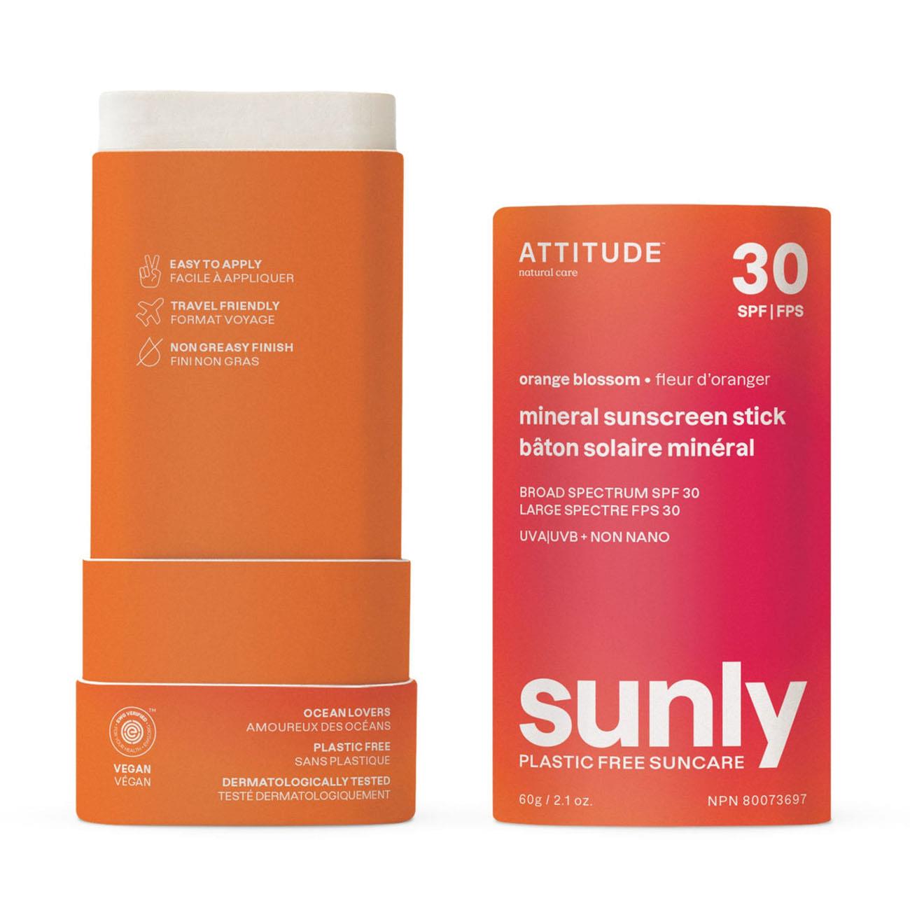 Attitude Sunly Orange Blossom SPF 30 Mineral Sunscreen Stick in opened biodegradable packaging