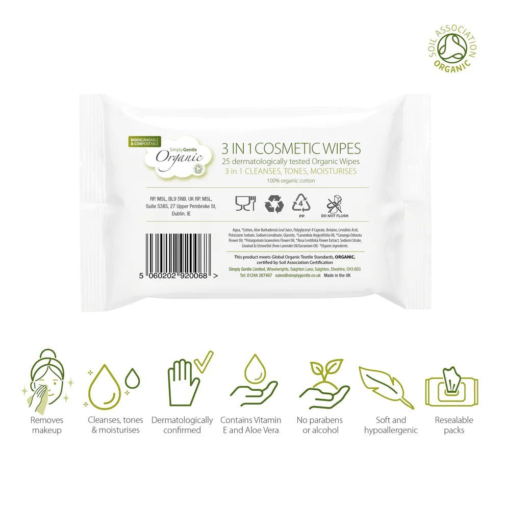 Organic 3 - in - 1 Cosmetic Wipe 25's - Simply Gentle - Wipe - Eco Natural Products