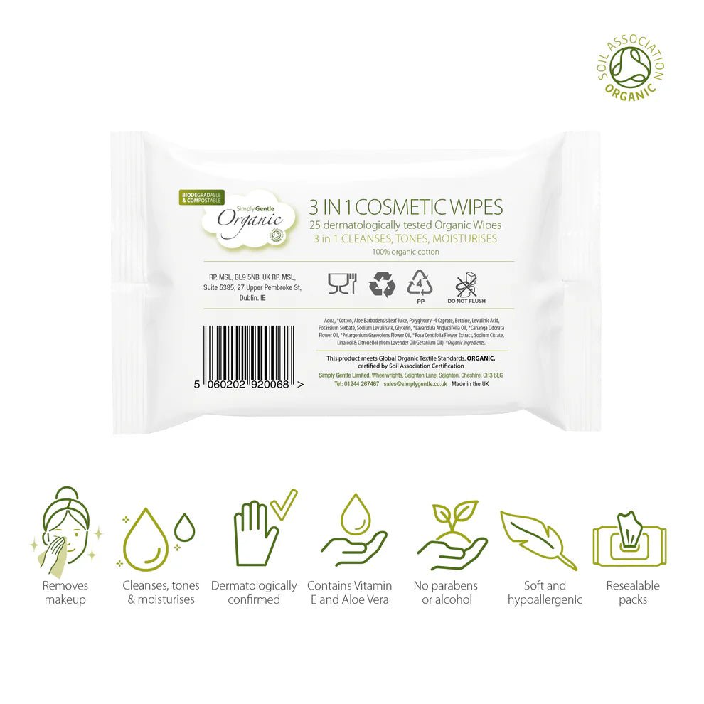 Organic 3 - in - 1 Cosmetic Wipe 25's - Eco Natural Products - Simply Gentle - Wipe