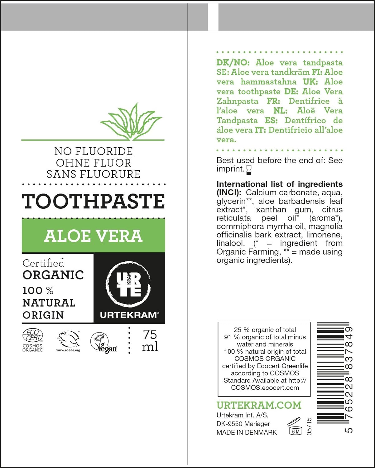 Organic Aloe Vera Toothpaste 75ml - Urtekram - Toothpaste - Eco Natural Products