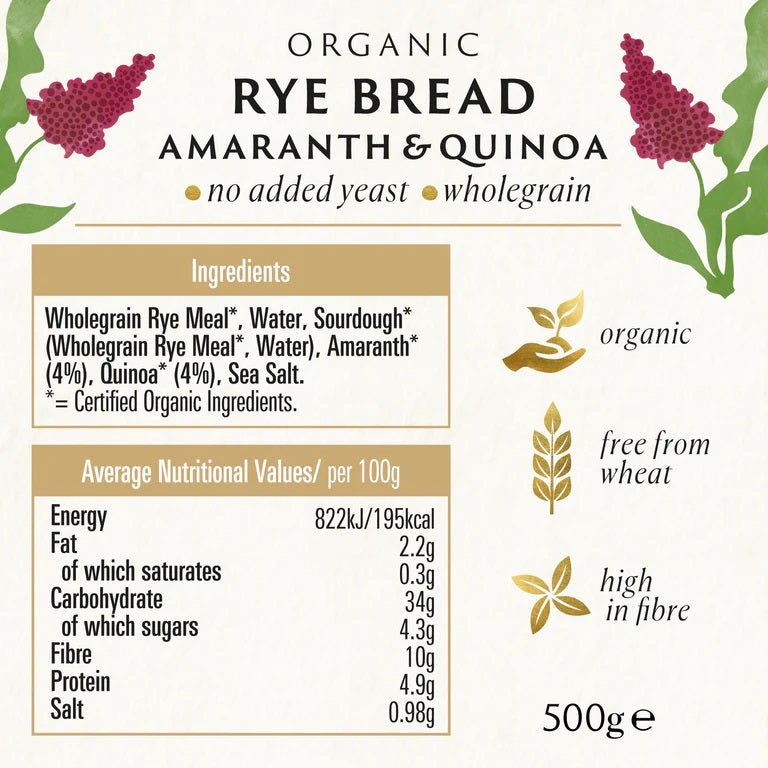 Organic Amaranth & Quinoa Rye Bread 500g - Eco Natural Products - Biona - Rye Bread