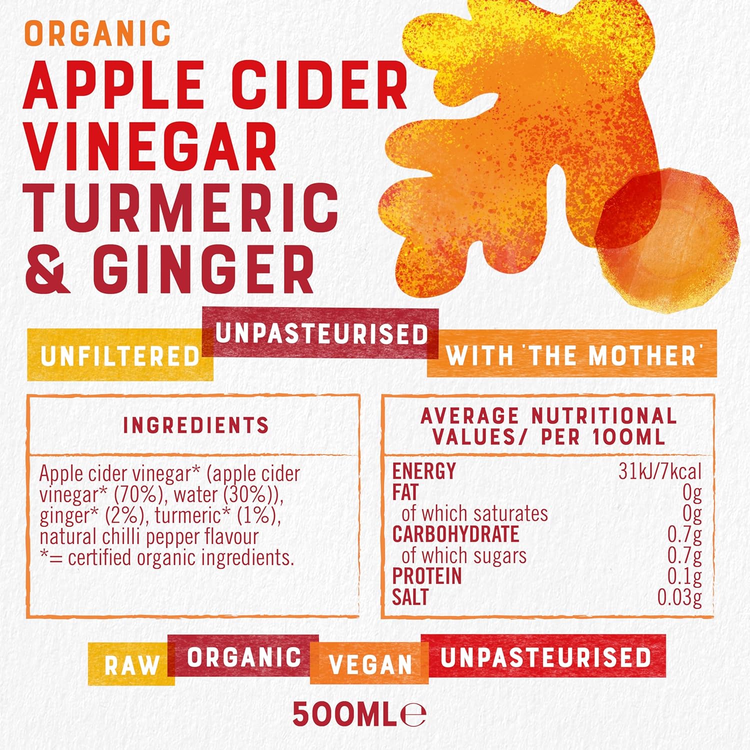 Organic Apple Cider Vinegar with Turmeric & Ginger 500ml - Raw Health - Vinegar - Eco Natural Products