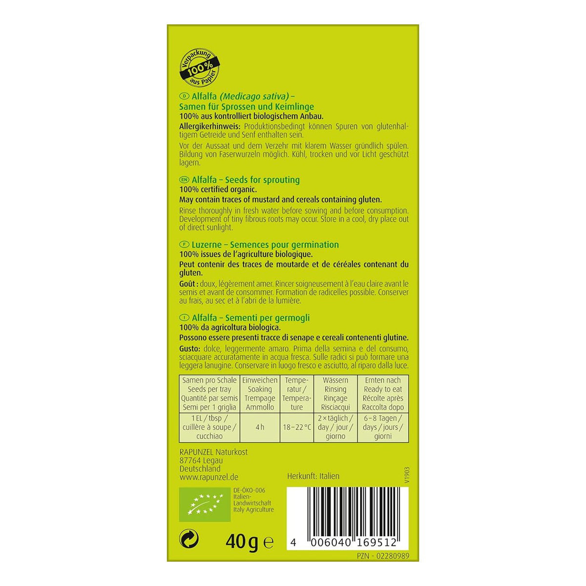 Organic BioSnacky Alfalfa Sprouting Seeds 40g - A. Vogel - Sprouting seeds - Eco Natural Products