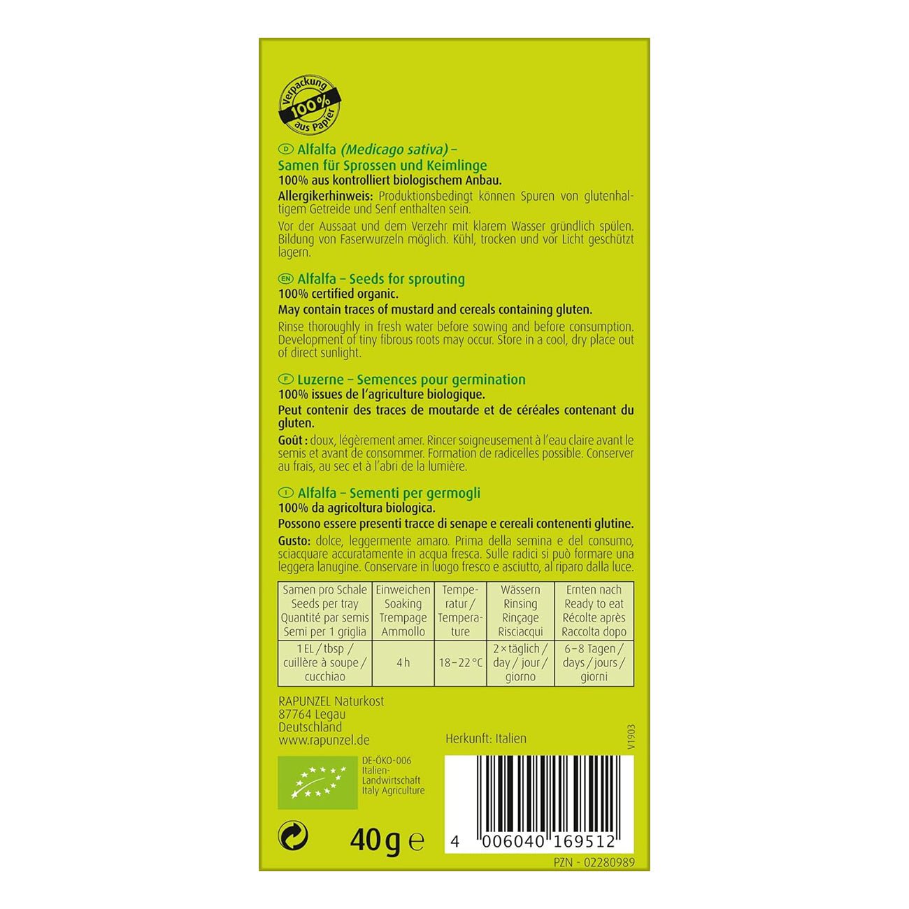 Organic BioSnacky Alfalfa Sprouting Seeds 40g - A. Vogel - Sprouting seeds - Eco Natural Products