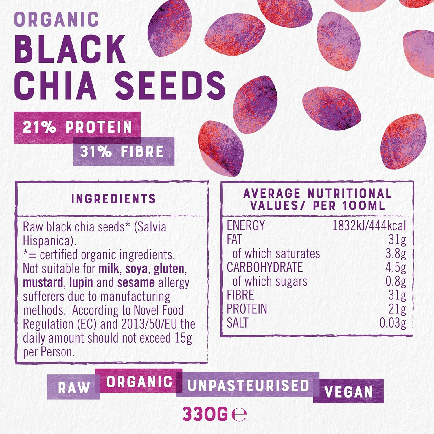 Organic Black Chia Seeds Omega Rich 450g - Raw Health - Seeds - Eco Natural Products