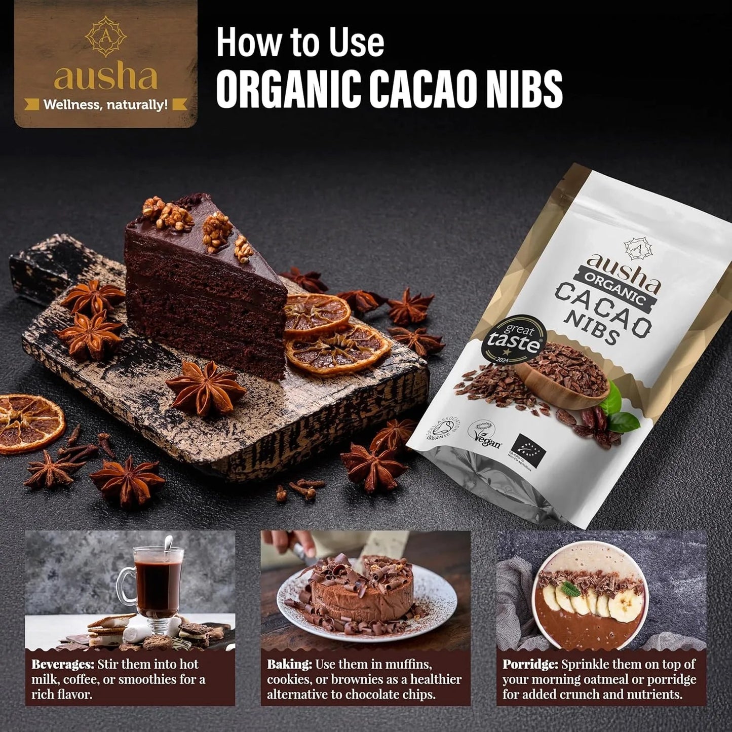 Organic Cacao Nibs 200g - Ausha - Baking Chocolate - Ausha