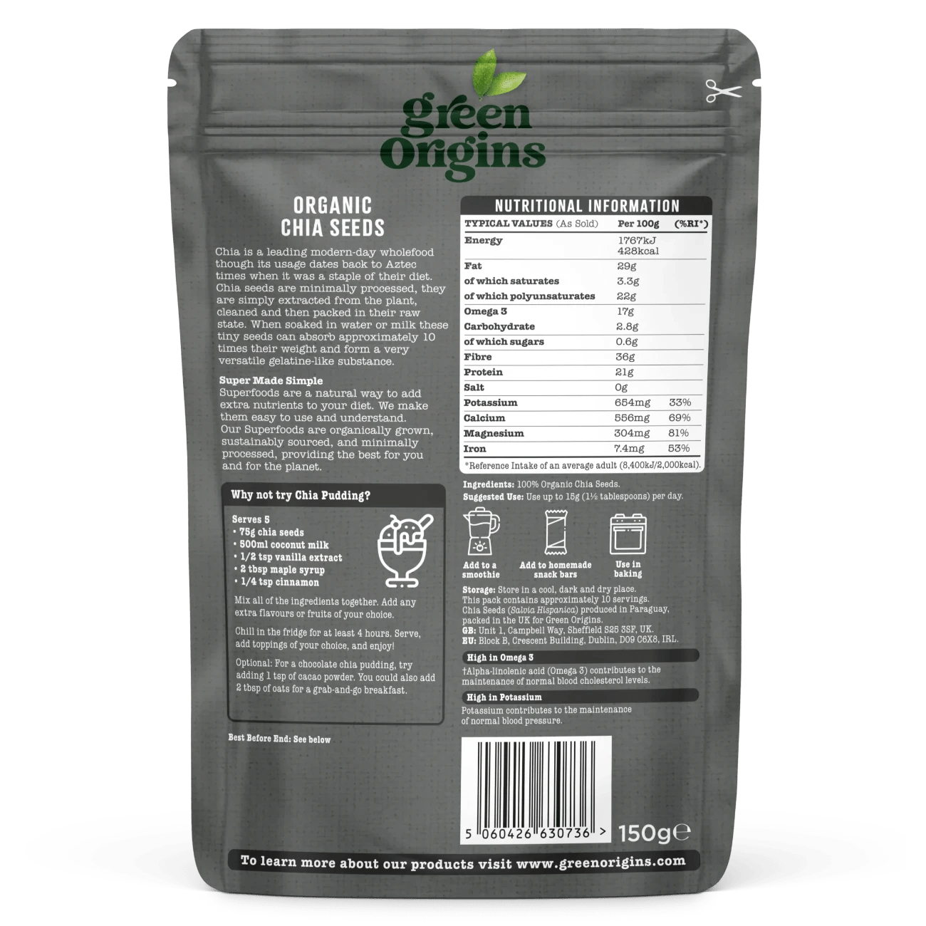 Organic Chia Seeds (Raw) 150g - Green Origins - Seeds - Eco Natural Products