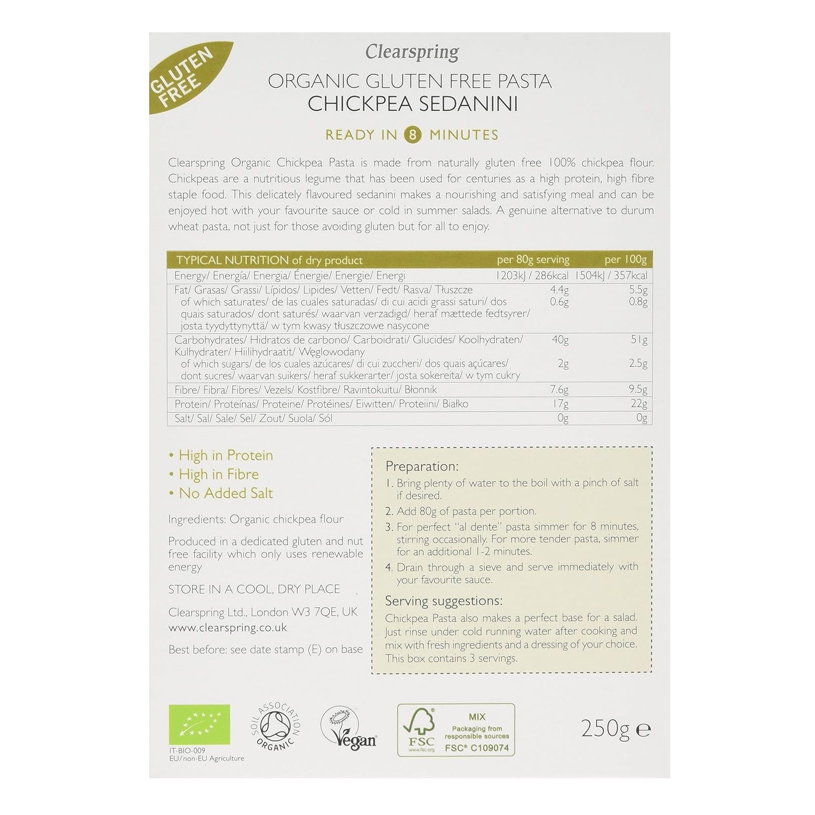 Organic Chickpea Gluten Free Pasta Sedanini 250g [BLACK FRIDAY] - Eco Natural Products - Clearspring - Pasta