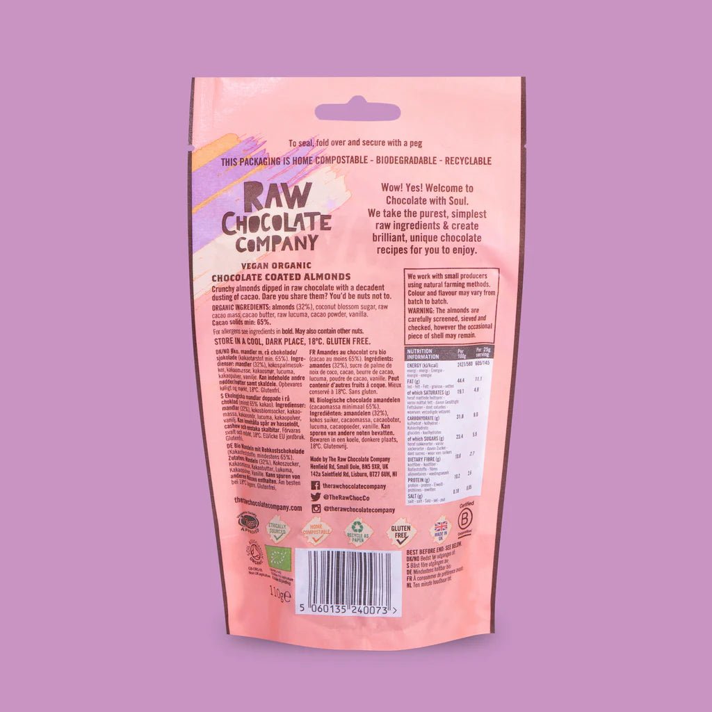 Organic Chocolate Almonds Pouch 110g - The Raw Chocolate Company - Snack - Eco Natural Products