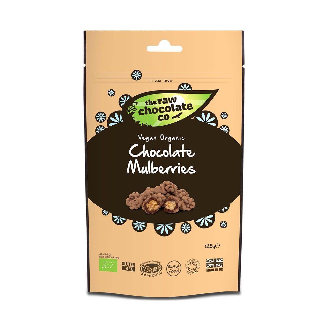 Organic Chocolate Mulberries Pouch 125g - The Raw Chocolate Company - Snack - Eco Natural Products