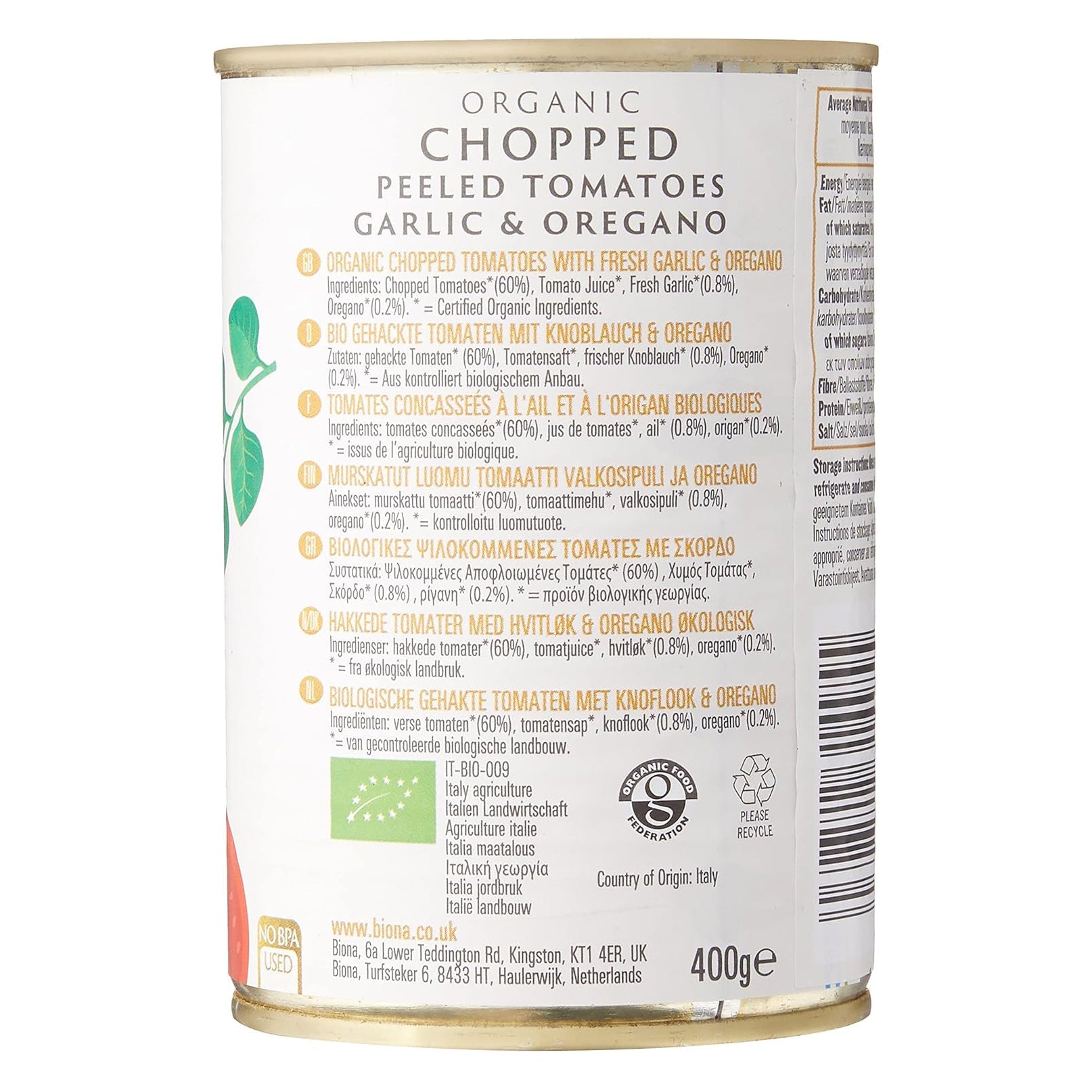 Organic Chopped Tomatoes with Garlic and Oregano 400g - Biona - Tomatoes - Eco Natural Products