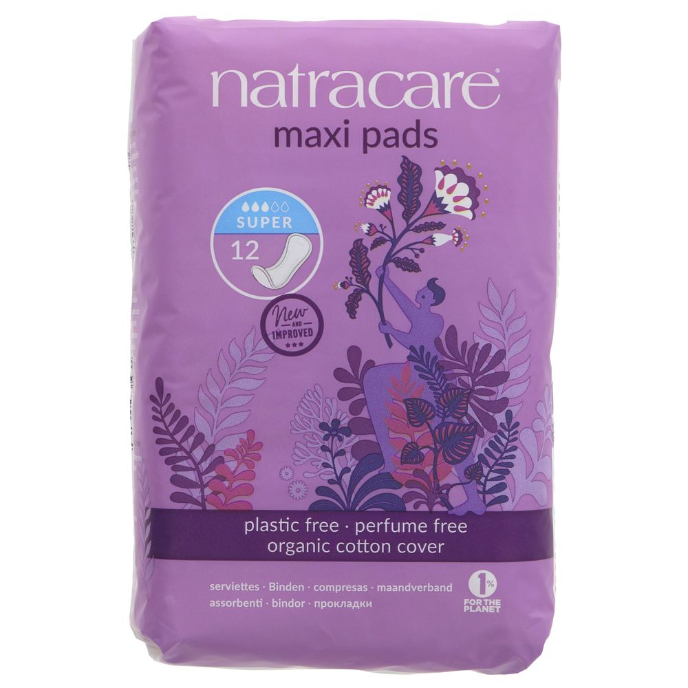 Organic Cotton Maxi 12 Pads Super - Eco Natural Products - Natracare - Feminine Sanitary Supplies