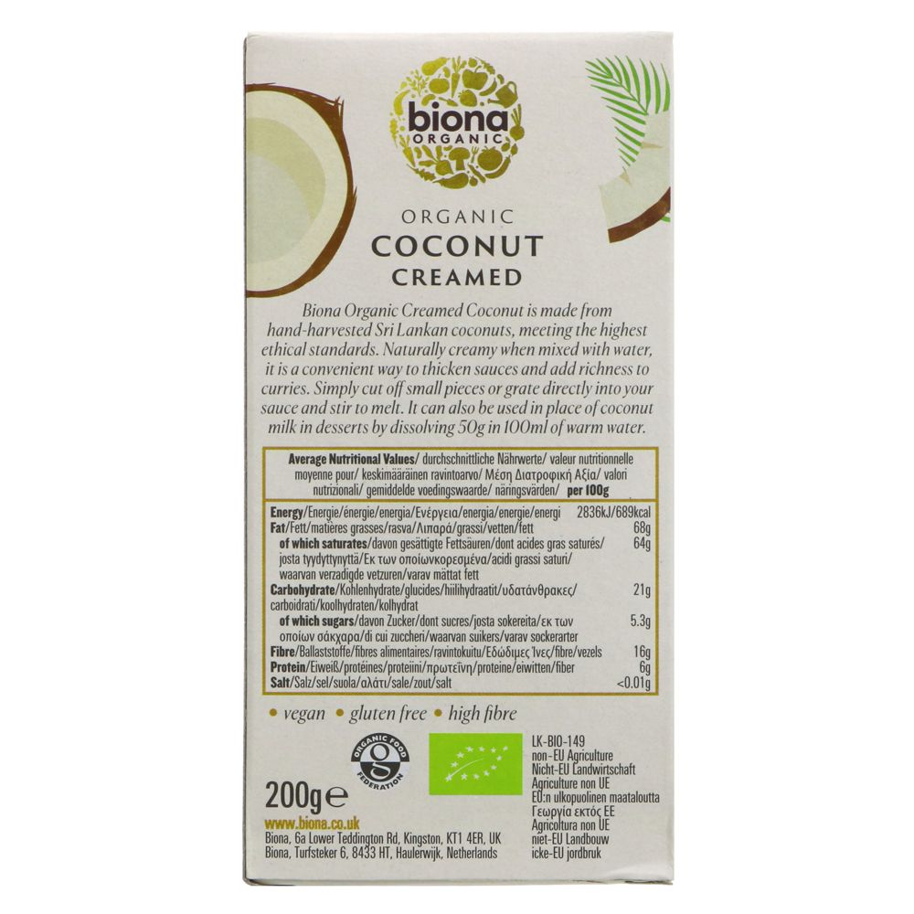 Organic Creamed Coconut 200g - Biona - Coconut Cream - Eco Natural Products