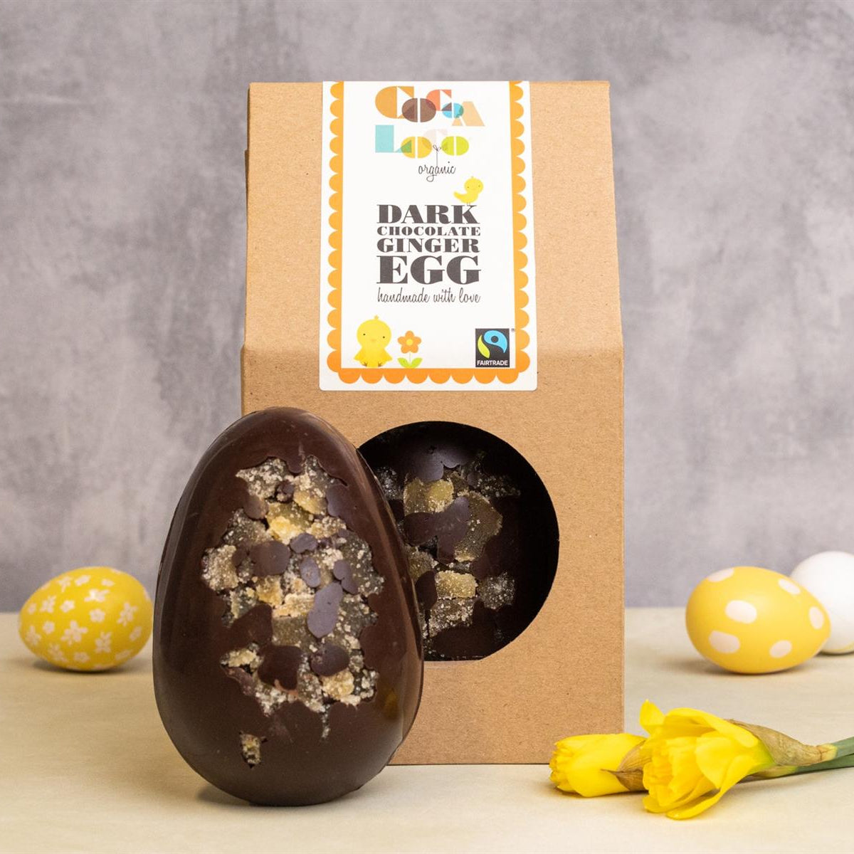 Cocoa Loco Organic Dark Chocolate Ginger filled Dark Buttons Easter Egg 225g lifestyle image 