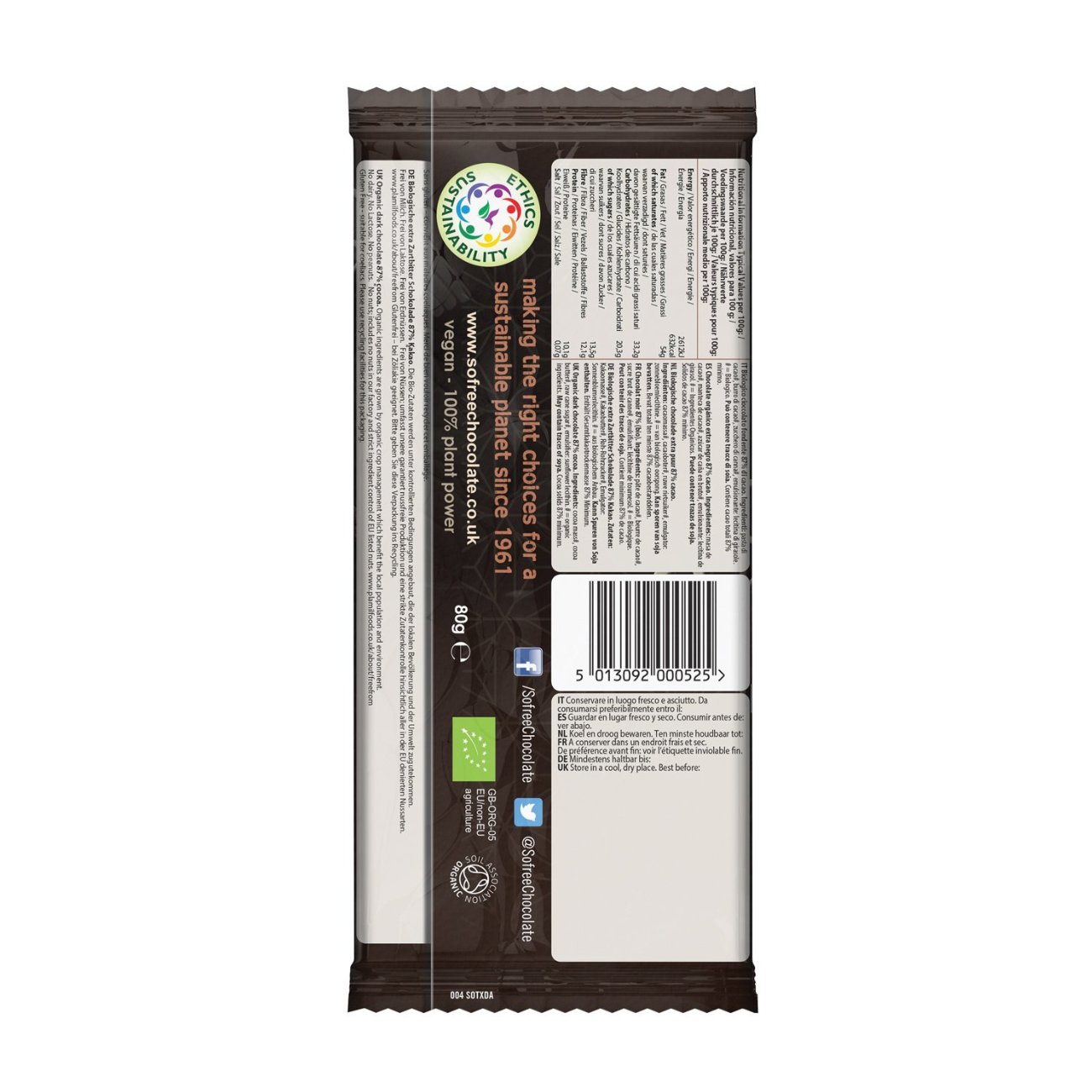 Organic Extra Dark So Free 87% Cocoa Chocolate Bar 80g - Plamil - Chocolate Bar - Eco Natural Products