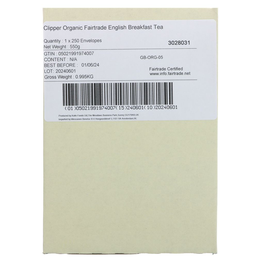 Organic Fairtrade English Breakfast 250 Envelopes - Clipper - Black tea - Eco Natural Products