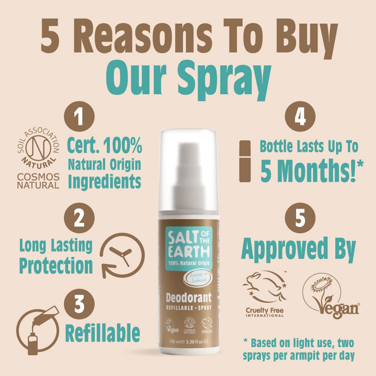 Salt of the Earth Organic Ginger & Jasmine Deodorant Spray 100ml in eco bottle, showing 5 reasons to buy the product
