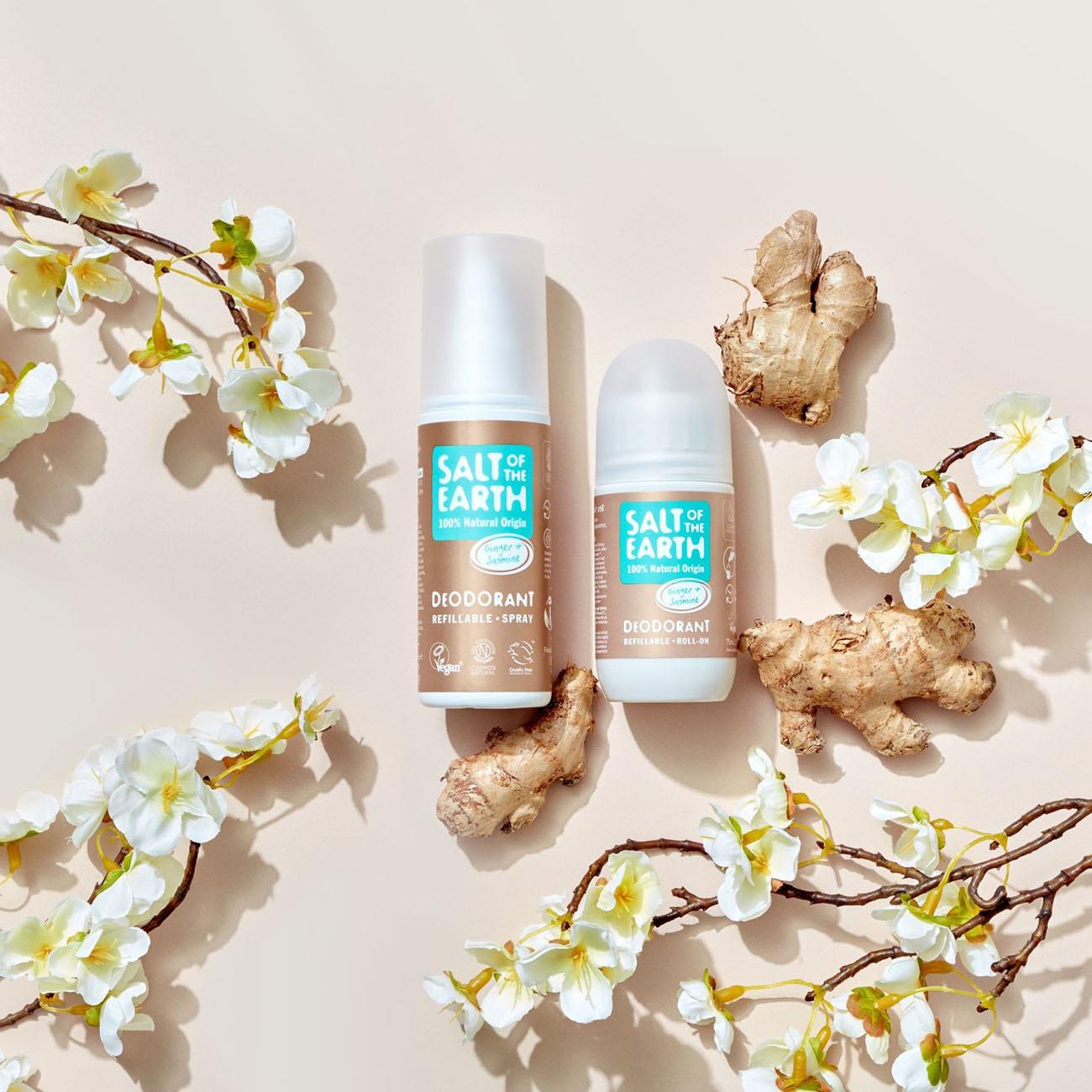 Salt of the Earth Organic Ginger & Jasmine Deodorant Spray 100ml in eco bottle lifestyle image