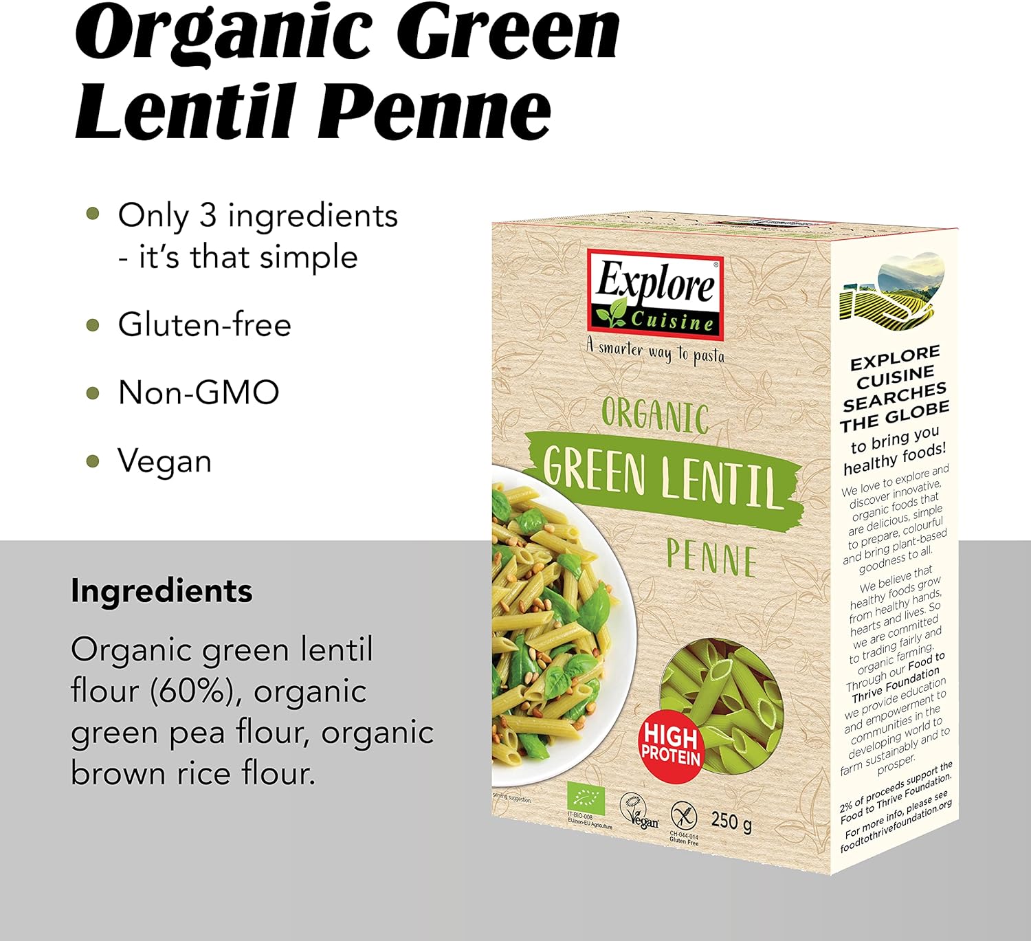 Organic Green Lentil Penne 250g - Explore Cuisine - Pasta & Noodles - Eco Natural Products