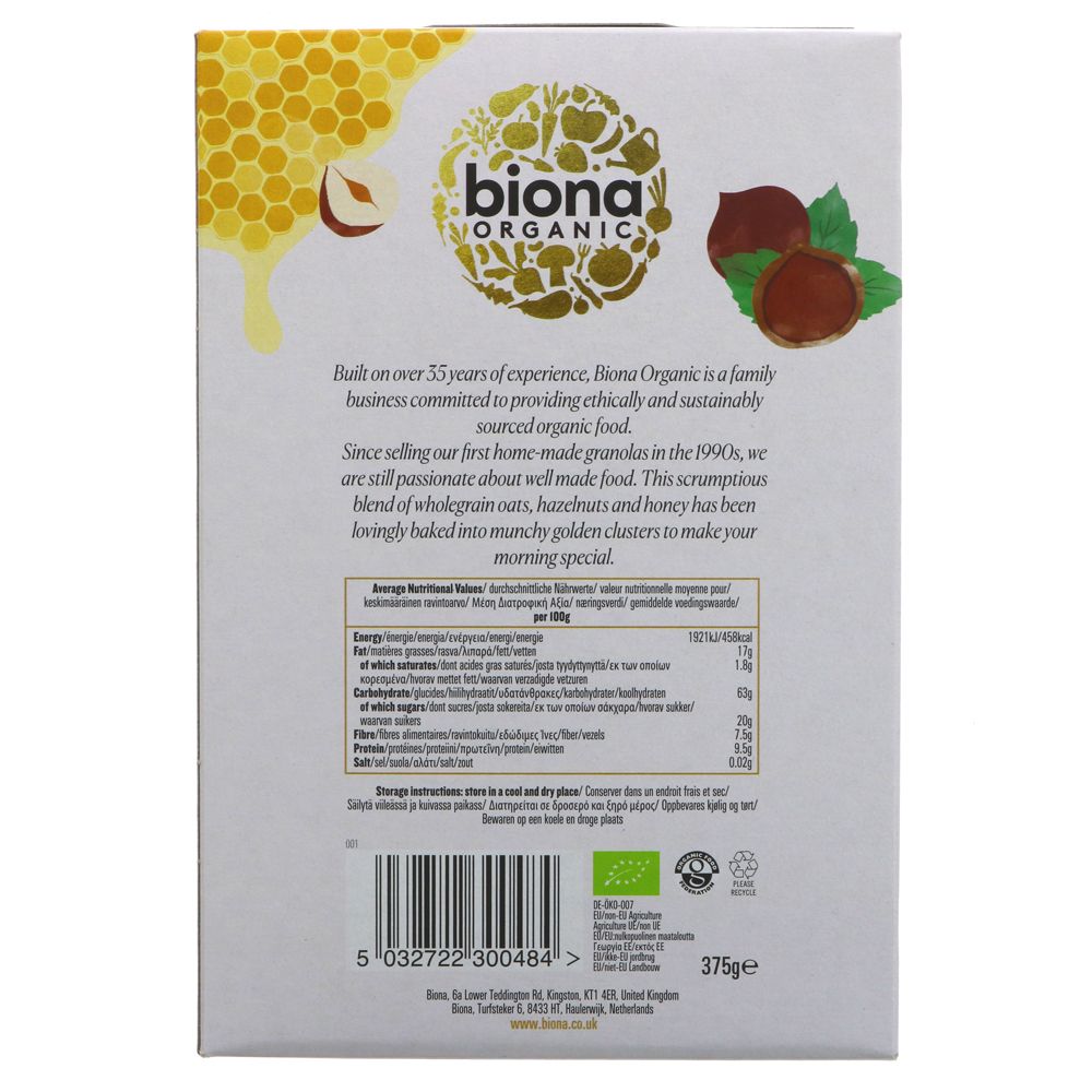 Organic Honey Hazel Crunchy No Added Sugar 375g - Biona - Granola - Eco Natural Products