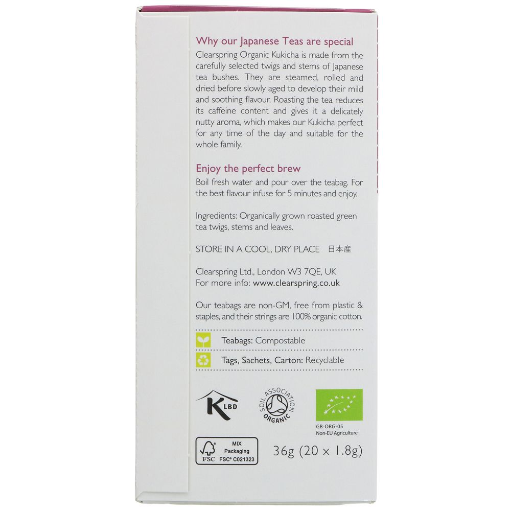 Organic Japanese Kukicha Roasted Twig Tea 20 Bags - Clearspring - Green Tea - Eco Natural Products
