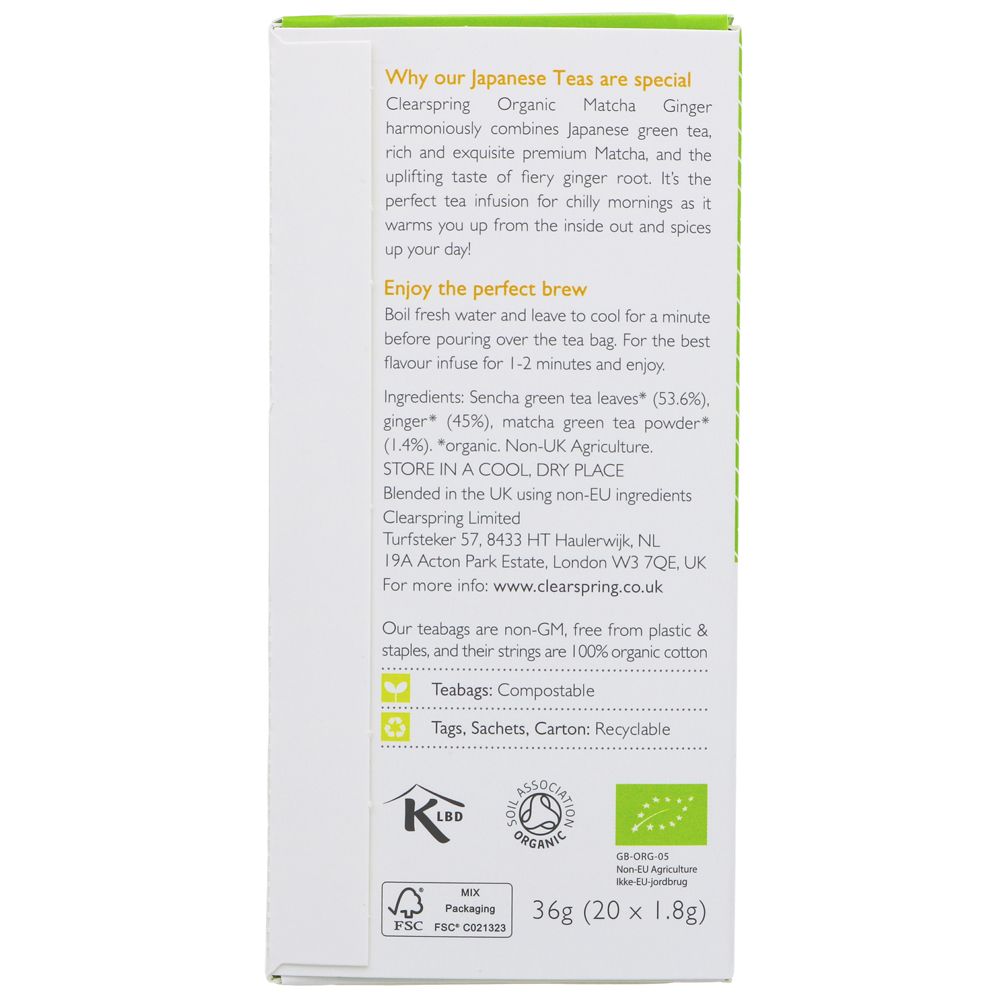 Organic Japanese Matcha Ginger Green Tea 20 Bags - Clearspring - Teas - Clearspring