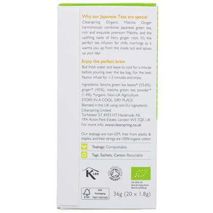 Organic Japanese Matcha Ginger Green Tea 20 Bags - Clearspring - Teas - Clearspring