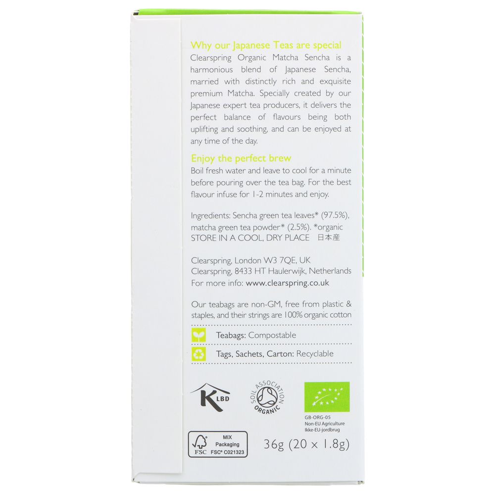Organic Japanese Matcha Sencha Green Tea 20 Bags - Clearspring - Matcha - Eco Natural Products