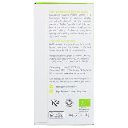 Organic Japanese Matcha Sencha Green Tea 20 Bags - Clearspring - Matcha - Eco Natural Products