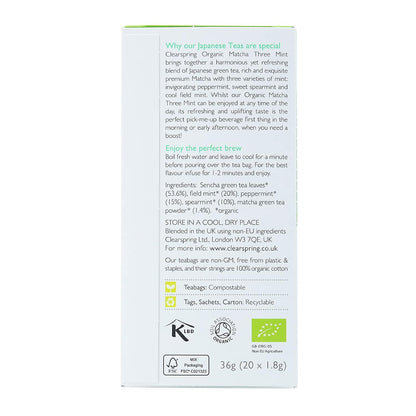 Organic Japanese Matcha Three Mint Green Tea 20 Bags - Clearspring - Matcha - Eco Natural Products