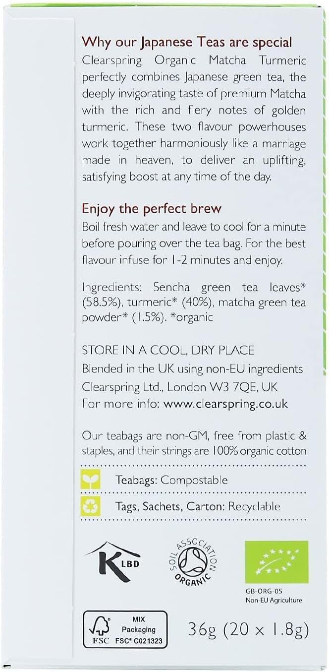 Organic Japanese Matcha Turmeric Green Tea 20 Bags - Clearspring - Matcha - Eco Natural Products