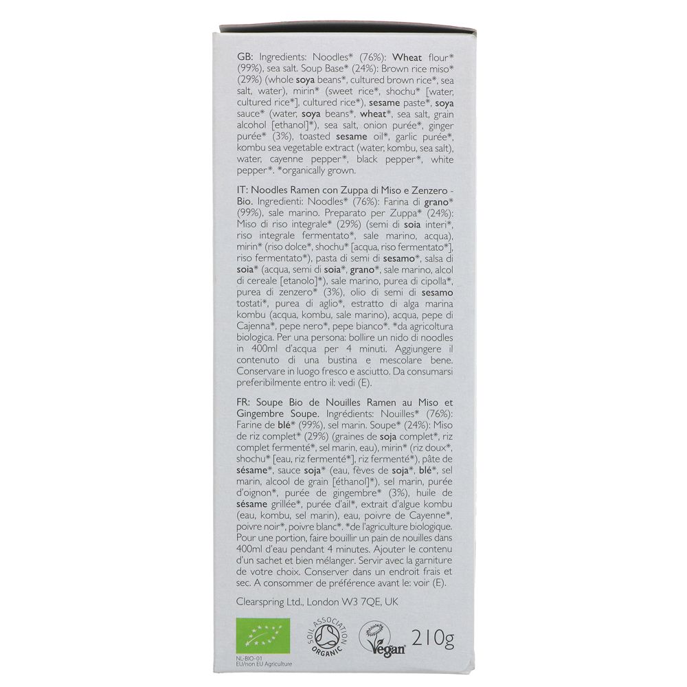 Organic Japanese Miso Ramen Noodles with Miso Ginger Soup 2x105g - Clearspring - Ramen - Eco Natural Products