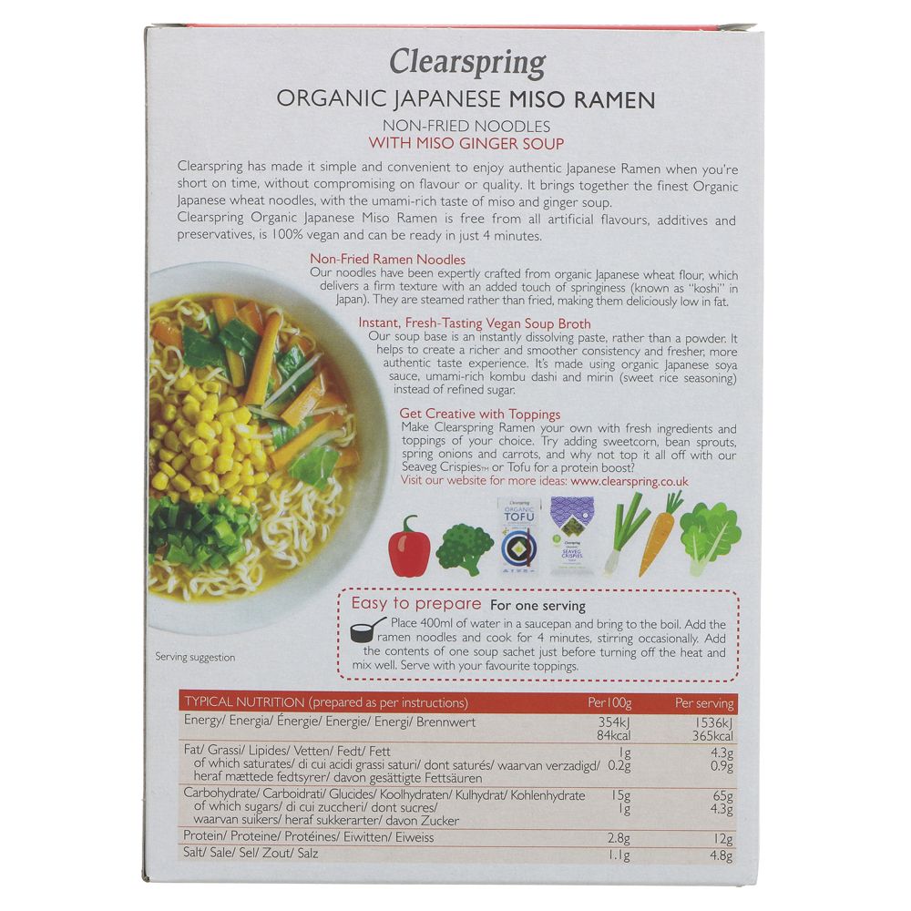 Organic Japanese Miso Ramen Noodles with Miso Ginger Soup 2x105g - Clearspring - Ramen - Eco Natural Products