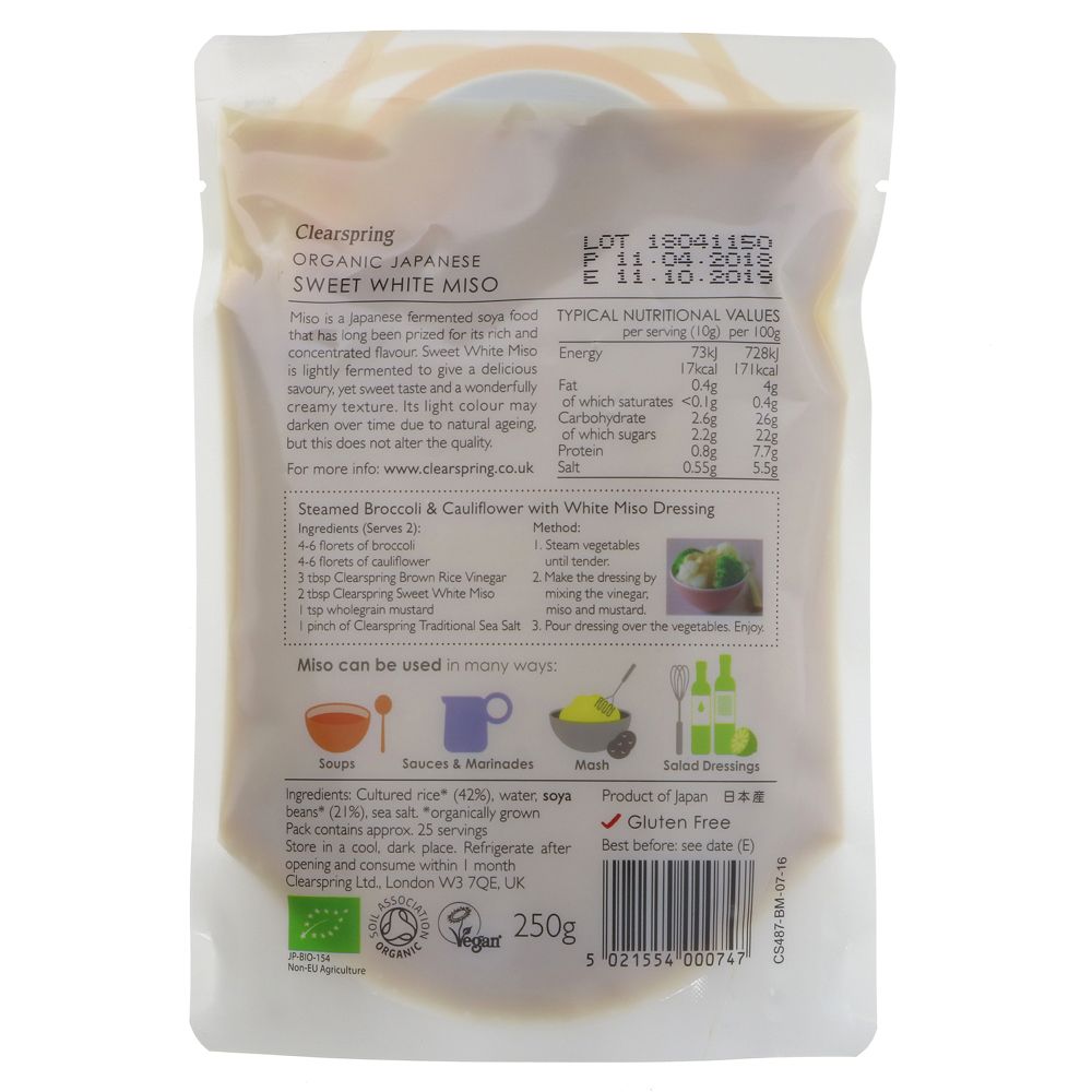 Organic Japanese Sweet White Miso Pouch 250g - Clearspring - Miso - Eco Natural Products