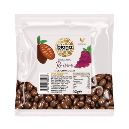 Organic Milk Chocolate Covered Raisins 60g - Biona - Fruit Snacks - Eco Natural Products