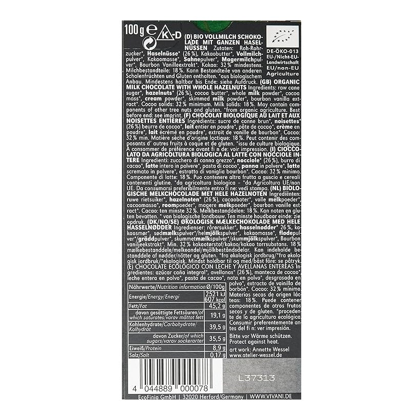 Organic Milk Chocolate Whole Hazelnuts 100g - Vivani - Chocolate Bar - Eco Natural Products