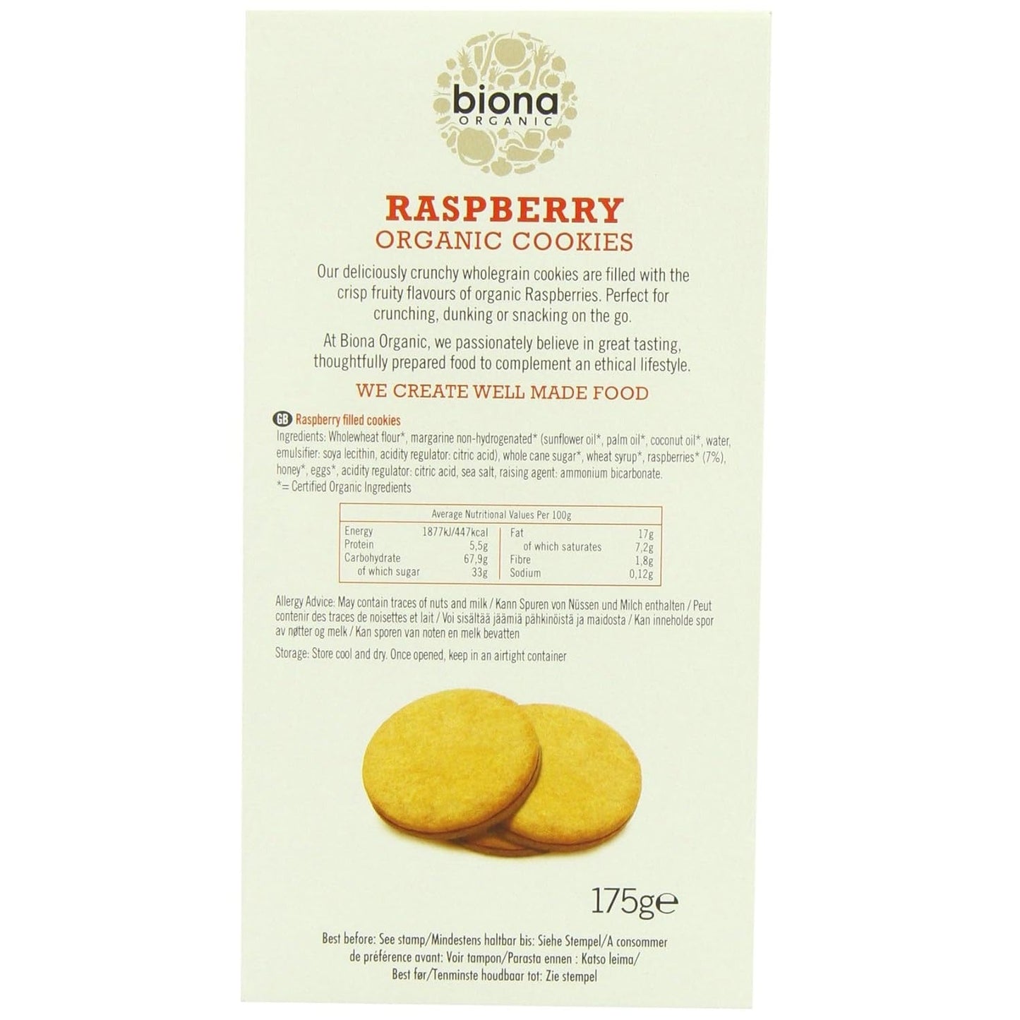 Organic Raspberry Filled Cookies 175g - Biona - Cookies - Eco Natural Products