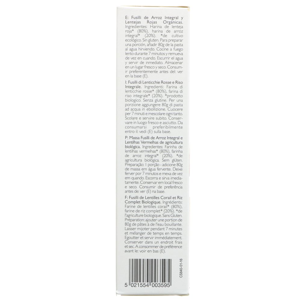 Organic Red Lentil & Brown Rice Gluten Free Pasta Fusilli 250g - Clearspring - Pasta - Eco Natural Products