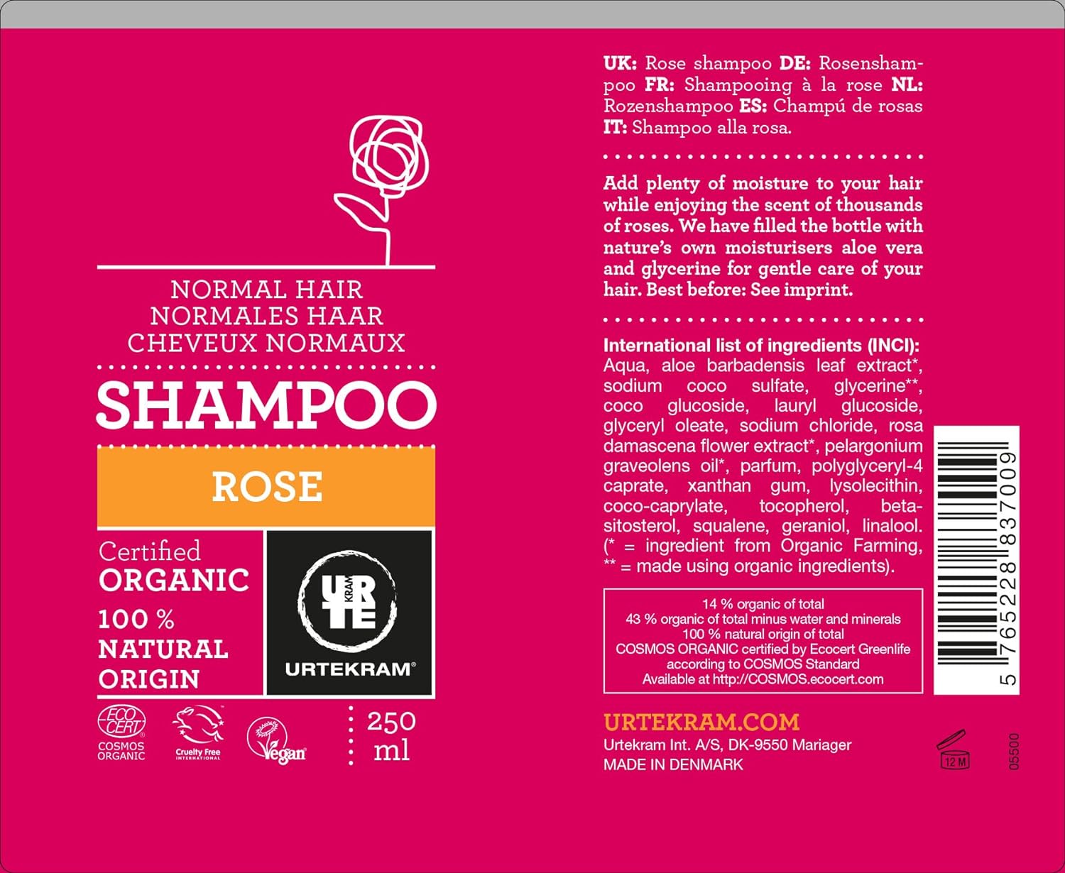 Organic Rose Shampoo Normal Hair 250ml - Urtekram - Shampoo - Eco Natural Products